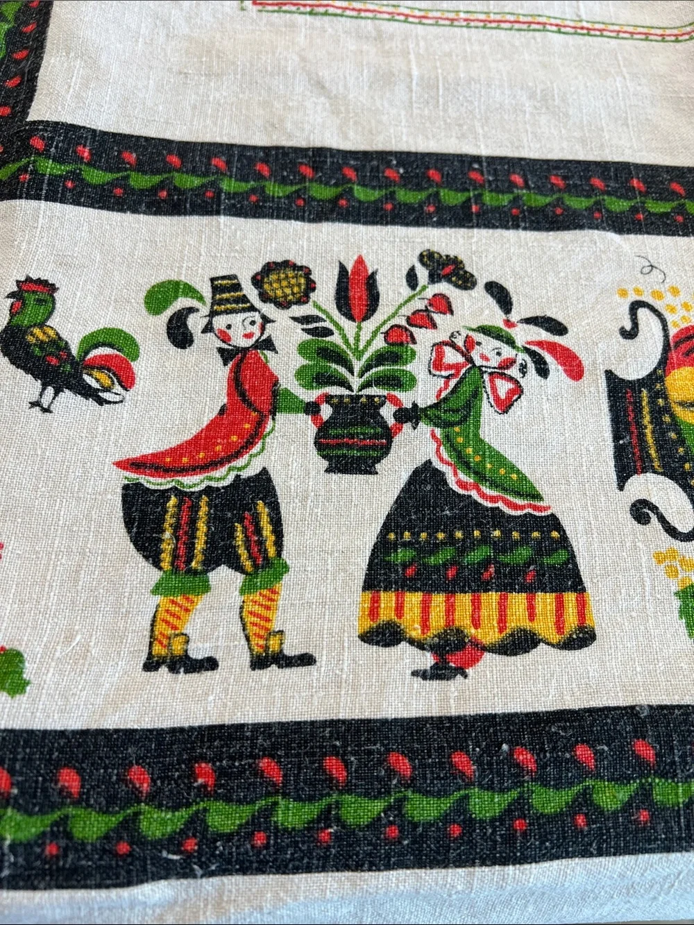 Vintage Pennsylvania Dutch Folk Art Card Tablecloth 48x48 Linen